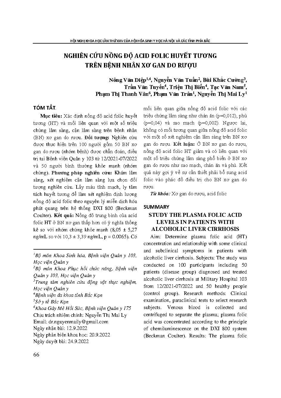 Nghiên cứu nồng độ acid folic huyết tương trên bệnh nhân xơ gan do rượu = Study the plasma folic acid levels in patients with alcoholic liver cirrhosis