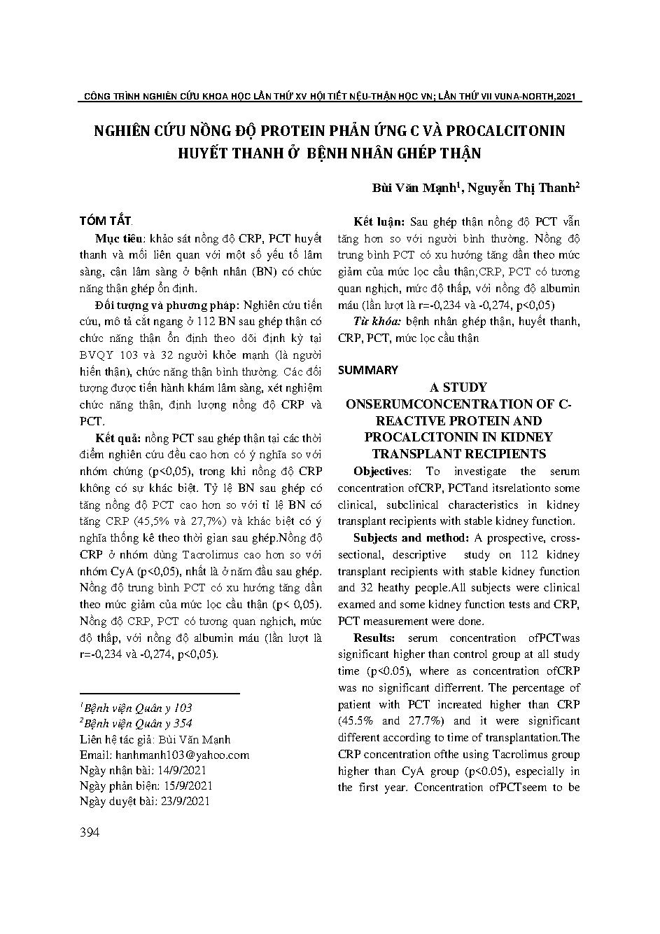 Nghiên cứu nồng độ protein phản ứng C và procalcitonin huyết thanh ở bệnh nhân ghép thận