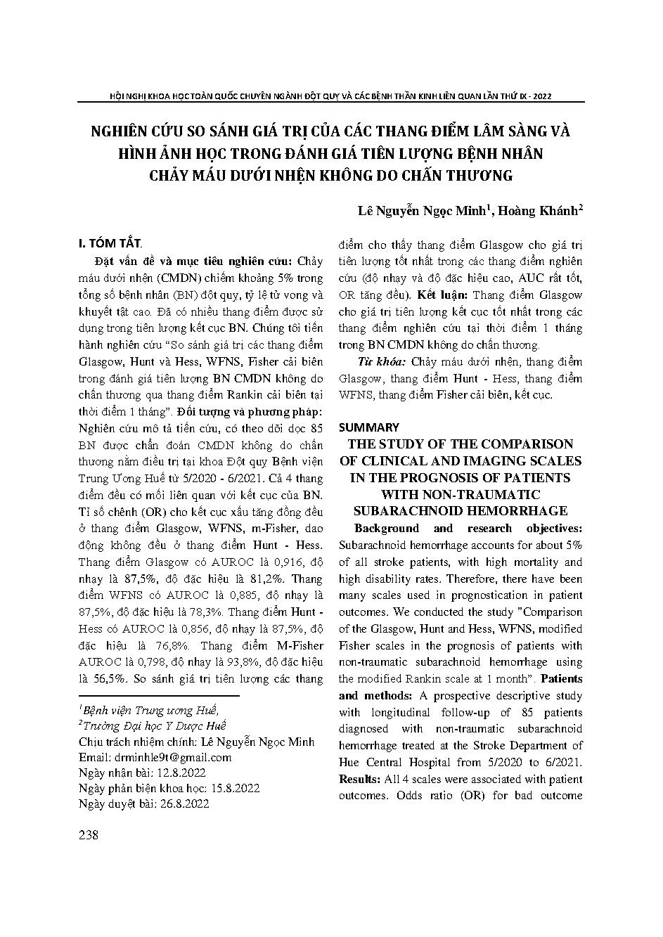 Nghiên cứu so sánh giá trị của các thang điểm lâm sàng và hình ảnh học trong đánh giá tiên lượng bệnh nhân chảy máu dưới nhện không do chấn thương = The study of the comparison of clinical and imaging scales in the prognosis of patients with non-traumatic