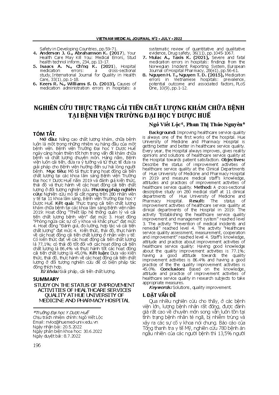 Nghiên cứu thực trạng cải tiến chất lượng khám chữa bệnh tại Bệnh viện Trường Đại học Y dược Huế = Study on the status of improvement activities of healthcare services quality at Hue university of medicine and pharmacy hospital