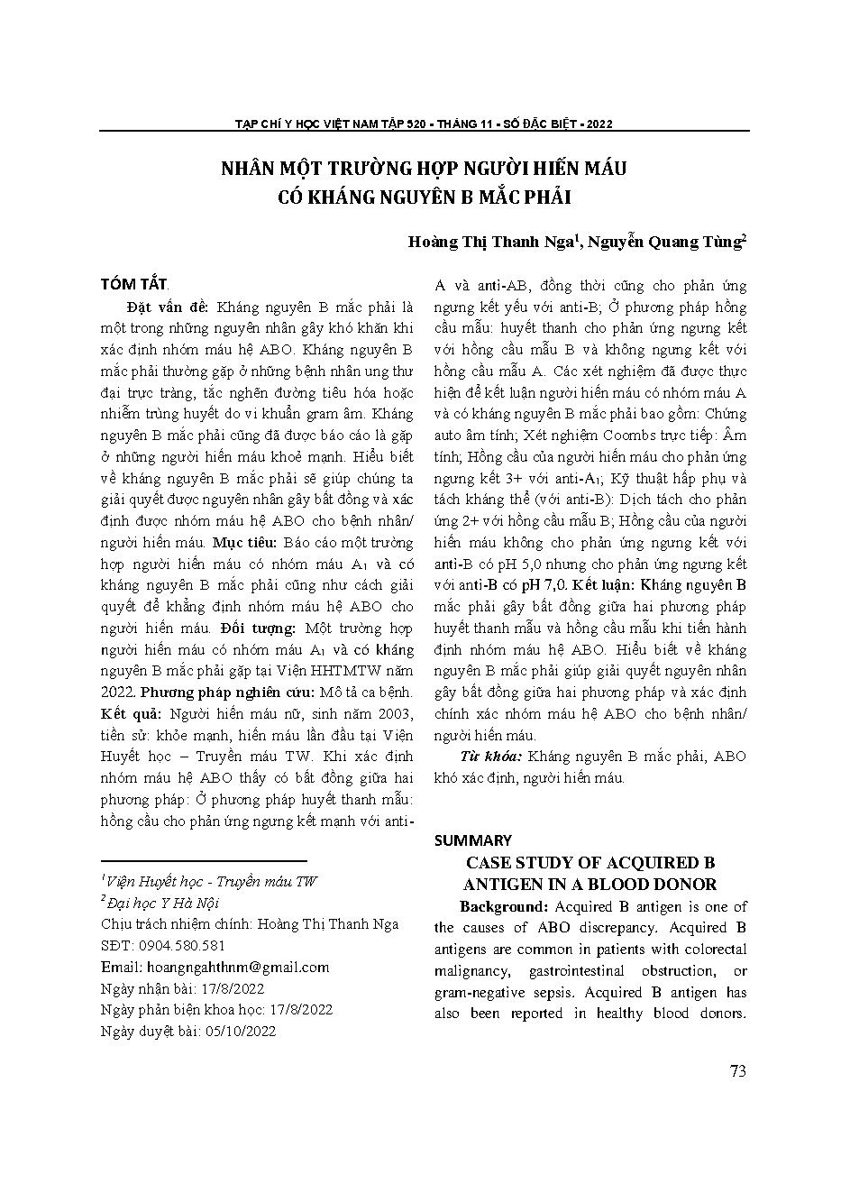 Nhân một trường hợp người hiến máu có kháng nguyên B mắc phải = Case study of acquired B antigen in a blood donor