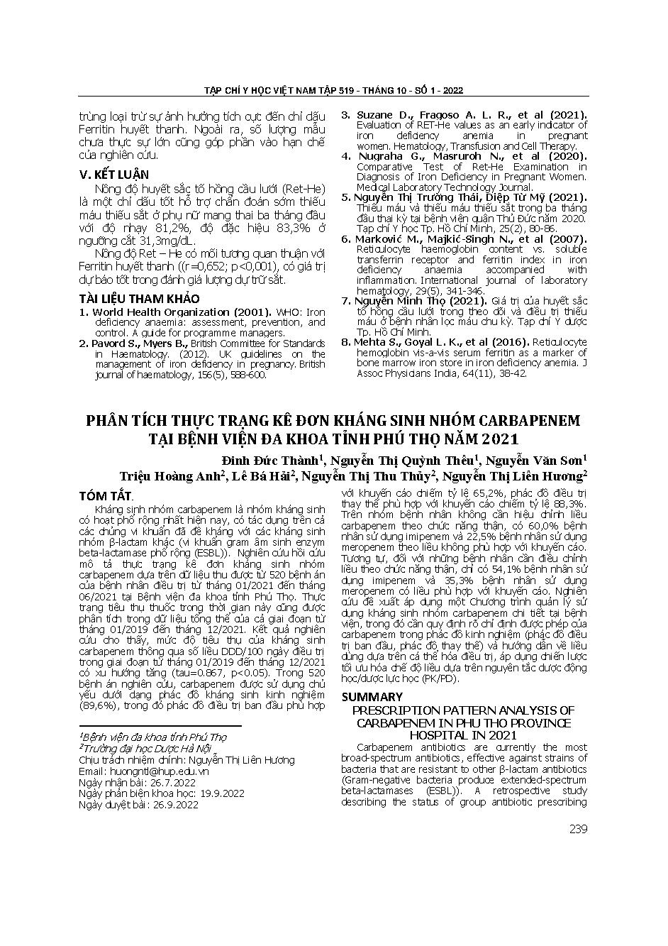 Phân tích thực trạng kê đơn kháng sinh nhóm carbapenem tại bệnh viện đa khoa tỉnh Phú Thọ năm 2021 = Prescription pattern analysis of carbapenem in phu tho province hospital in 2021