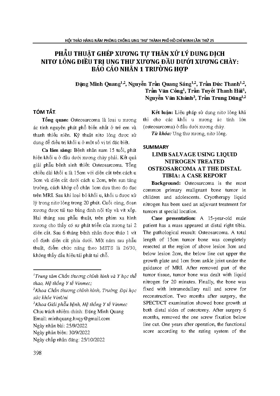 Phẫu thuật ghép xương tự thân xử lý dung dịch nitơ lỏng điều trị ung thư xương đầu dưới xương chày: Báo cáo nhân 1 trường hợp = Limb salvage using liquid nitrogen treated osteosarcoma at the distal tibia: A case report