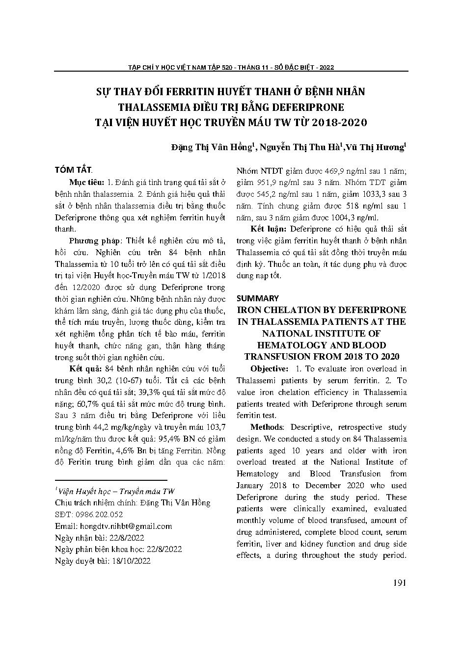 Sự thay đổi ferritin huyết thanh ở bệnh nhân thalassemia điều trị bằng deferiprone tại Viện Huyết học Truyền máu Trung ương từ 2018-2020 = Iron chelation by deferiprone in thalassemia patients at the National institute of hematology and blood transfusion 