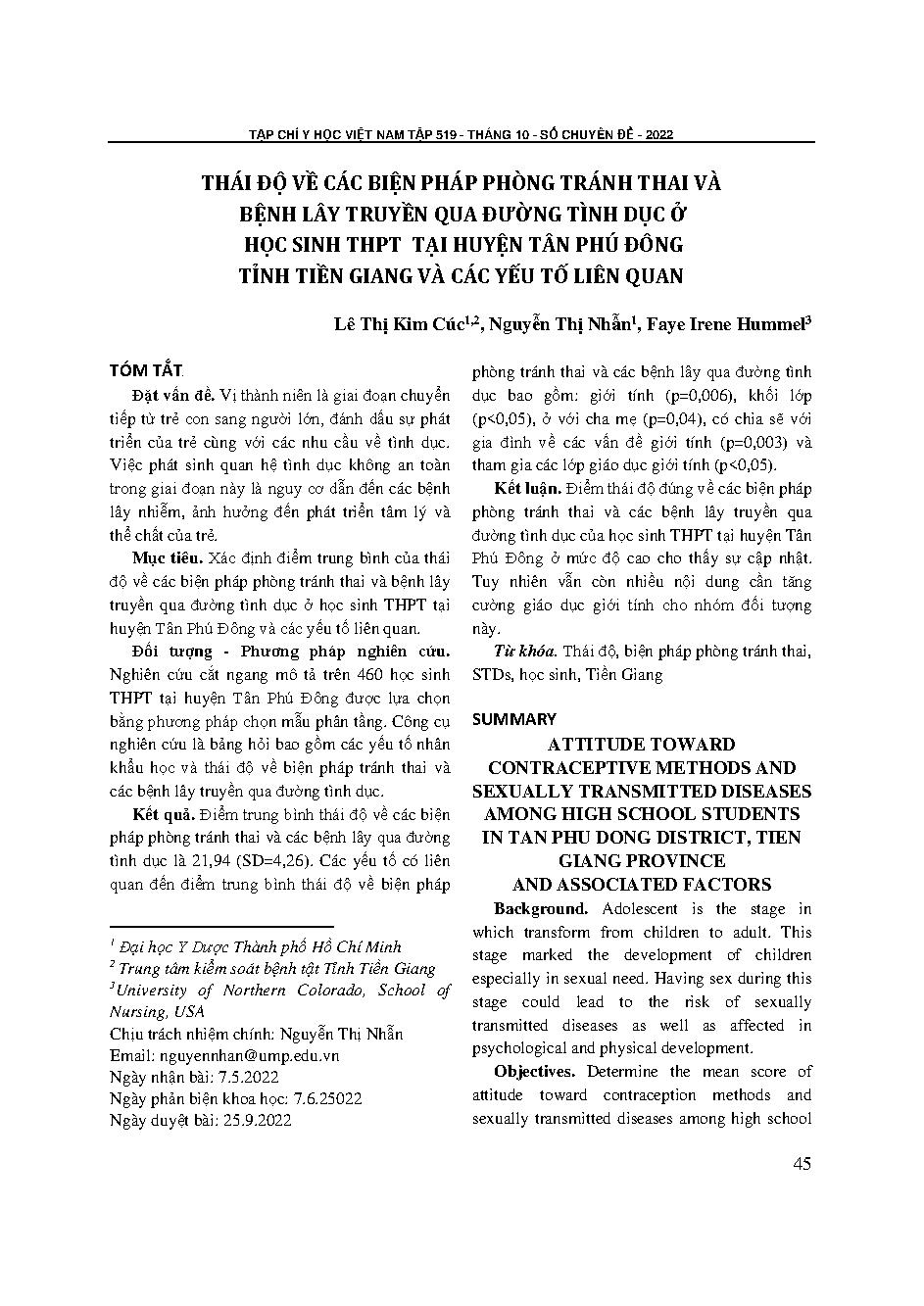 Thái độ về các biện pháp phòng tránh thai và bệnh lây truyền qua đường tình dục ở học sinh trung học phổ thông tại huyện Tân Phú Đông tỉnh Tiền Giang và các yếu tố liên quan = Attitude toward contraceptive methods and sexually transmitted diseases among h
