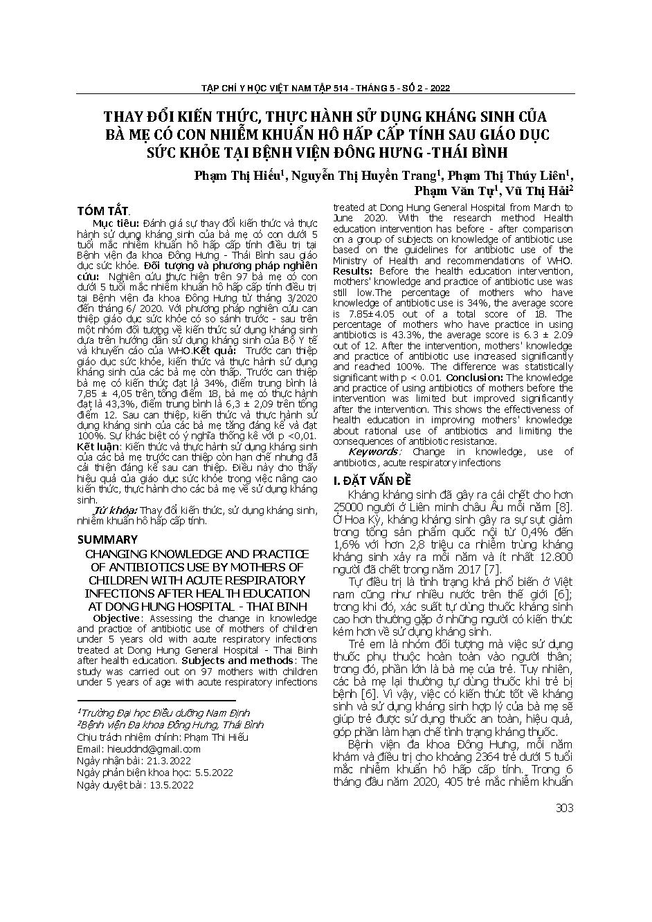 Thay đổi kiến thức, thực hành sử dụng kháng sinh của bà mẹ có con nhiễm khuẩn hô hấp cấp tính sau giáo dục sức khỏe tại Bệnh viện Đông Hưng - Thái Bình = Changing knowledge and practice of antibiotics use by mothers of children with acute respiratory infe