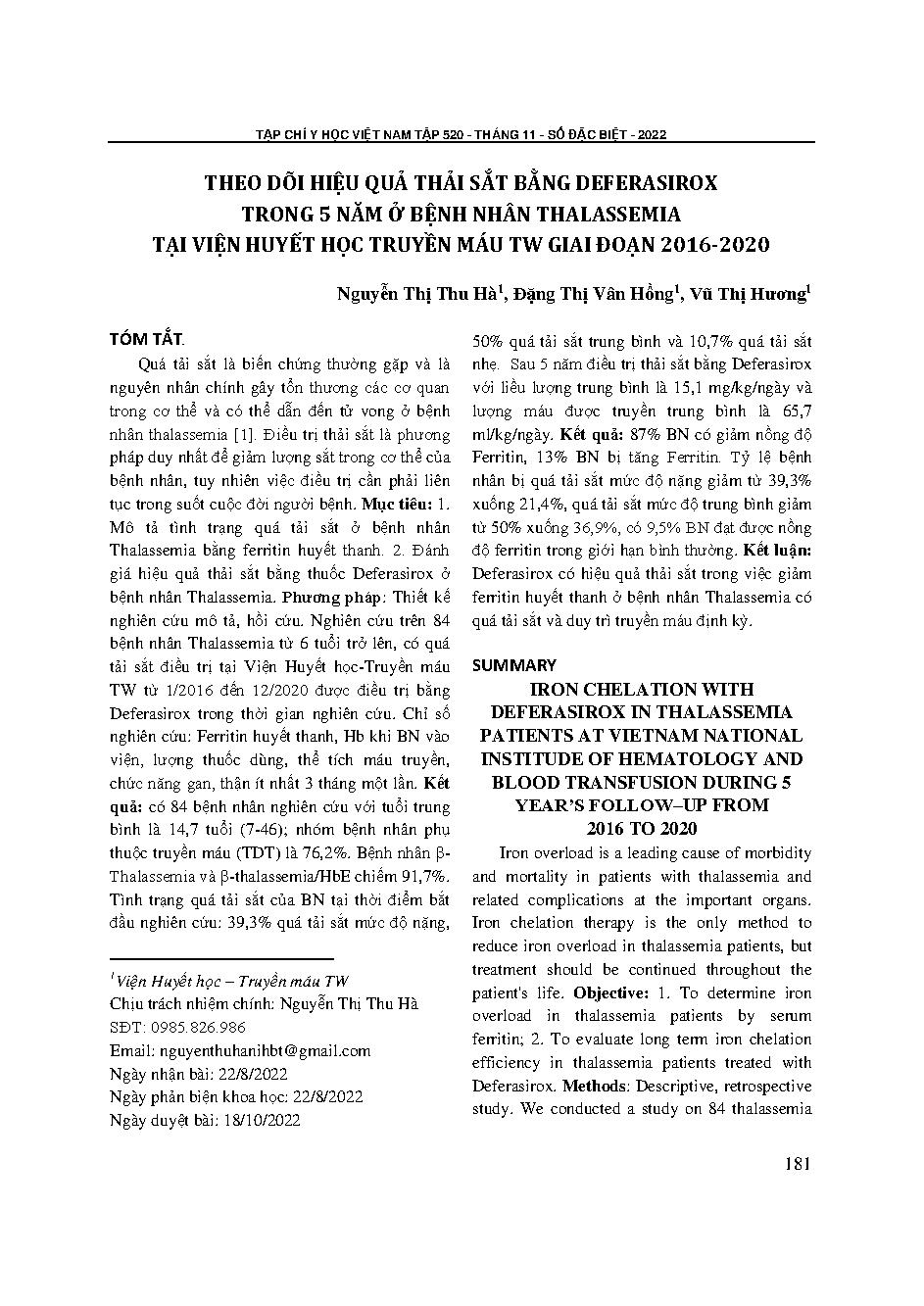 Theo dõi hiệu quả thải sắt bằng deferasirox trong 5 năm ở bệnh nhân thalassemia tại Viện Huyết học Truyền máu Trung ương giai đoạn 2016-2020 = Iron chelation with deferasirox in thalassemia patients at Vietnam national institute of hematology and blood tr