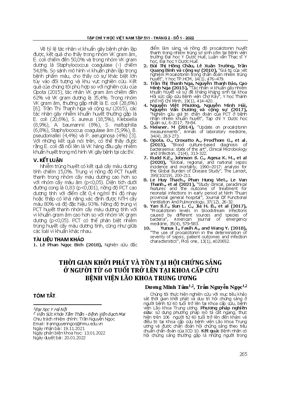 Thời gian khởi phát và tồn tại hội chứng sảng ở người từ 60 tuổi trở lên tại khoa cấp cứu Bệnh viện Lão khoa Trung ương = The onset and duration of delirium among patients aged 60 years and older in emergency department in National geriatric hospital