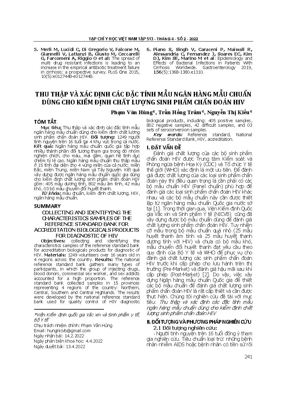 Thu thập và xác định các đặc tính mẫu ngân hàng mẫu chuẩn dùng cho kiểm định chất lượng sinh phẩm chẩn đoán HIV = Collecting and identifying the characteristics samples of the reference standard bank for accreditation biologicals products for diagnostic o