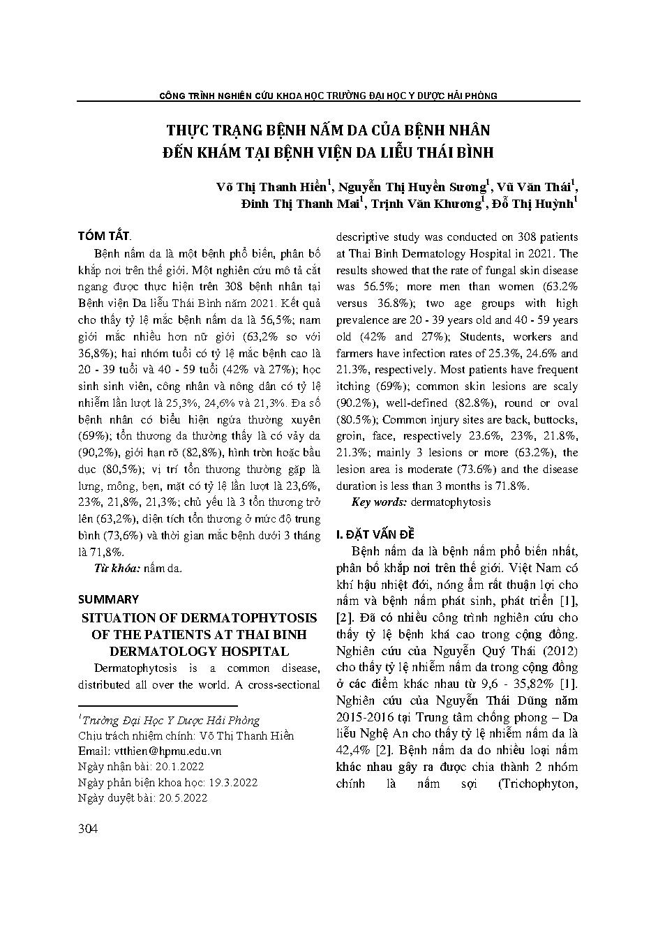Thực trạng bệnh nấm da của bệnh nhân đến khám tại Bệnh viện Da liễu Thái Bình = Situation of dermatophytosis of the patients at Thai Binh dermatology hospital