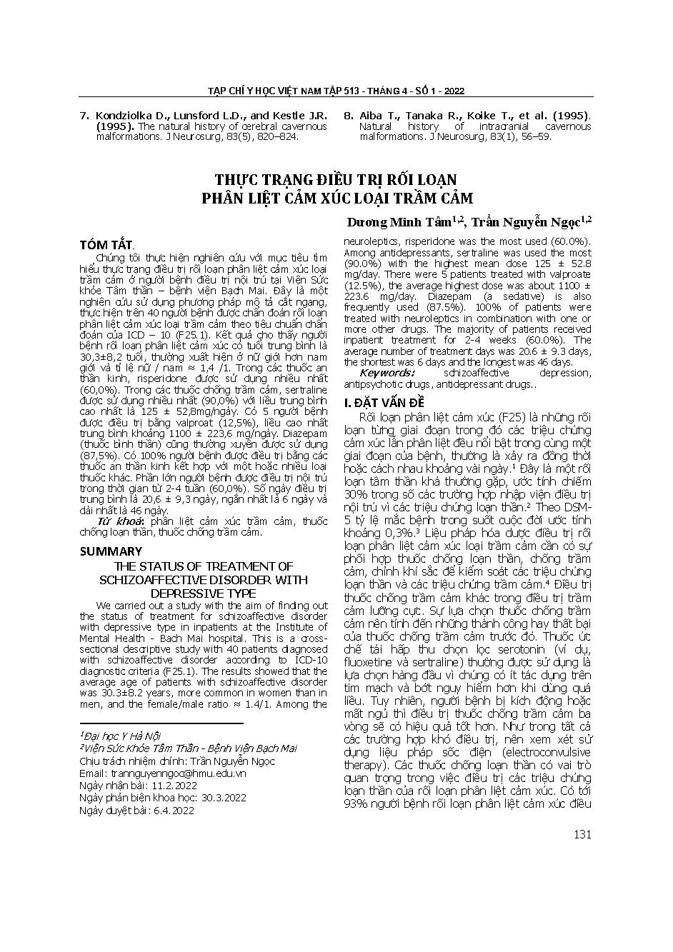 Thực trạng điều trị rối loạn phân liệt cảm xúc loại trầm cảm = The status of treatment of schizoaffective disorder with depressive type
