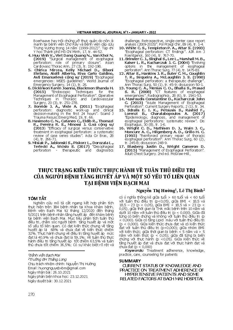 Thực trạng kiến thức thực hành về tuân thủ điều trị của người bệnh tăng huyết áp và một số yếu tố liên quan tại Bệnh viện Bạch Mai = Current status of knowledge and practice on treatment adherence of hypertensive patients and some related factors at Bach 