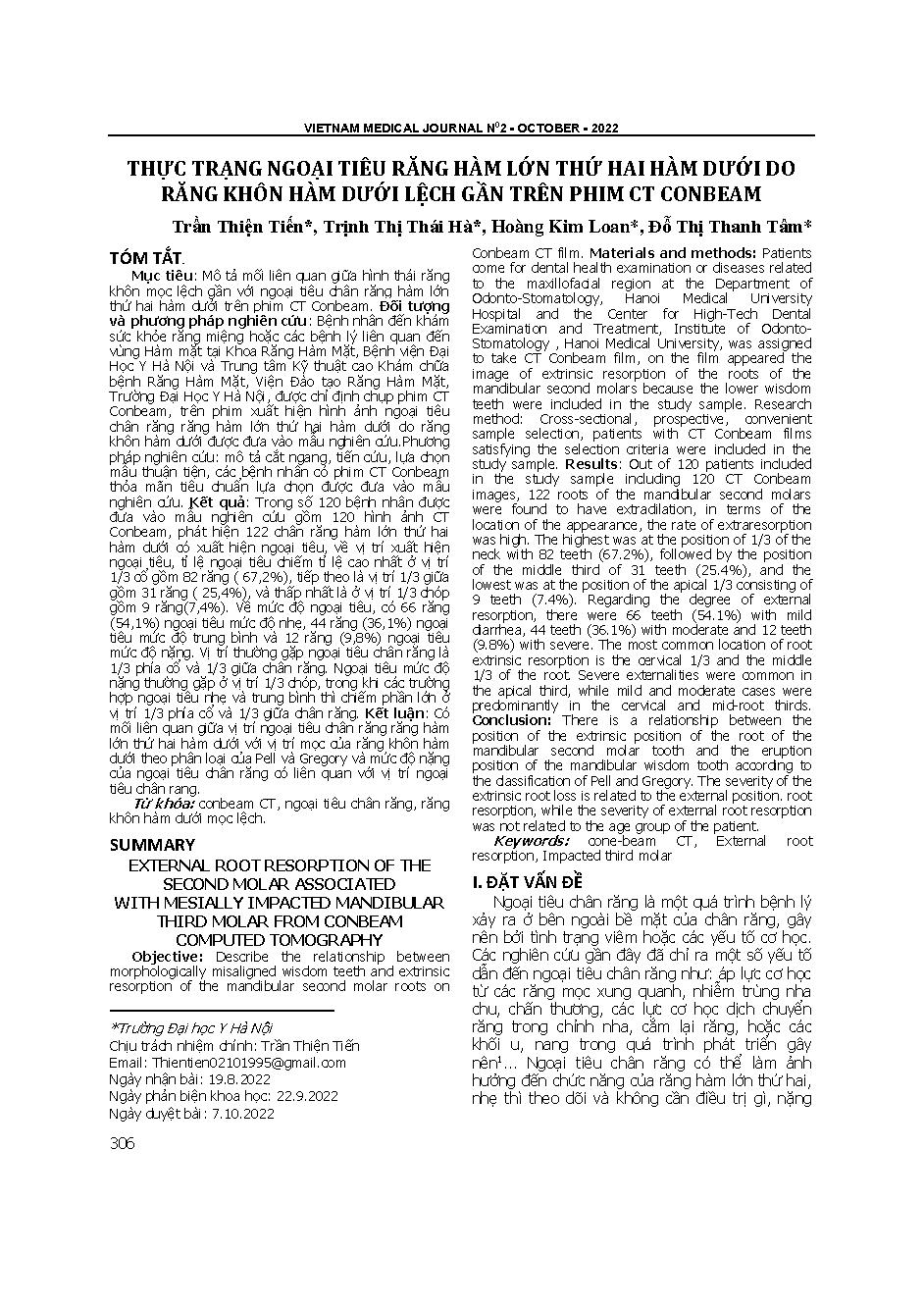 Thực trạng ngoại tiêu răng hàm lớn thứ hai hàm dưới do răng khôn hàm dưới lệch gần trên phim CT Conbeam = External root resorption of the second molar associated with mesially impacted mandibular third molar from Conbeam computed tomography