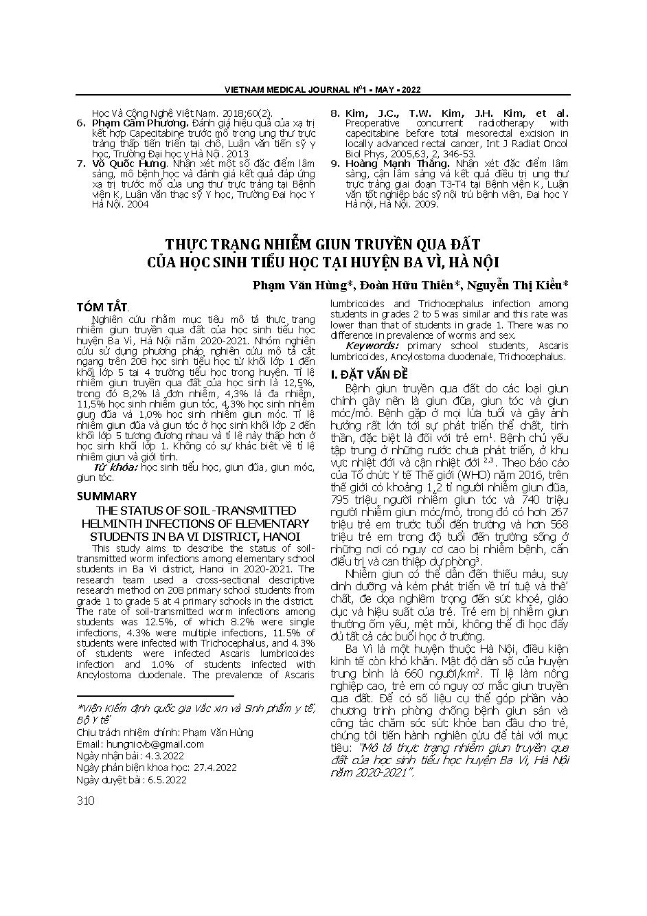 Thực trạng nhiễm giun truyền qua đất của học sinh tiểu học tại huyện Ba Vì, Hà Nội = The status of soil-transmitted helminth infections of elementary students in Ba Vi district, Hanoi