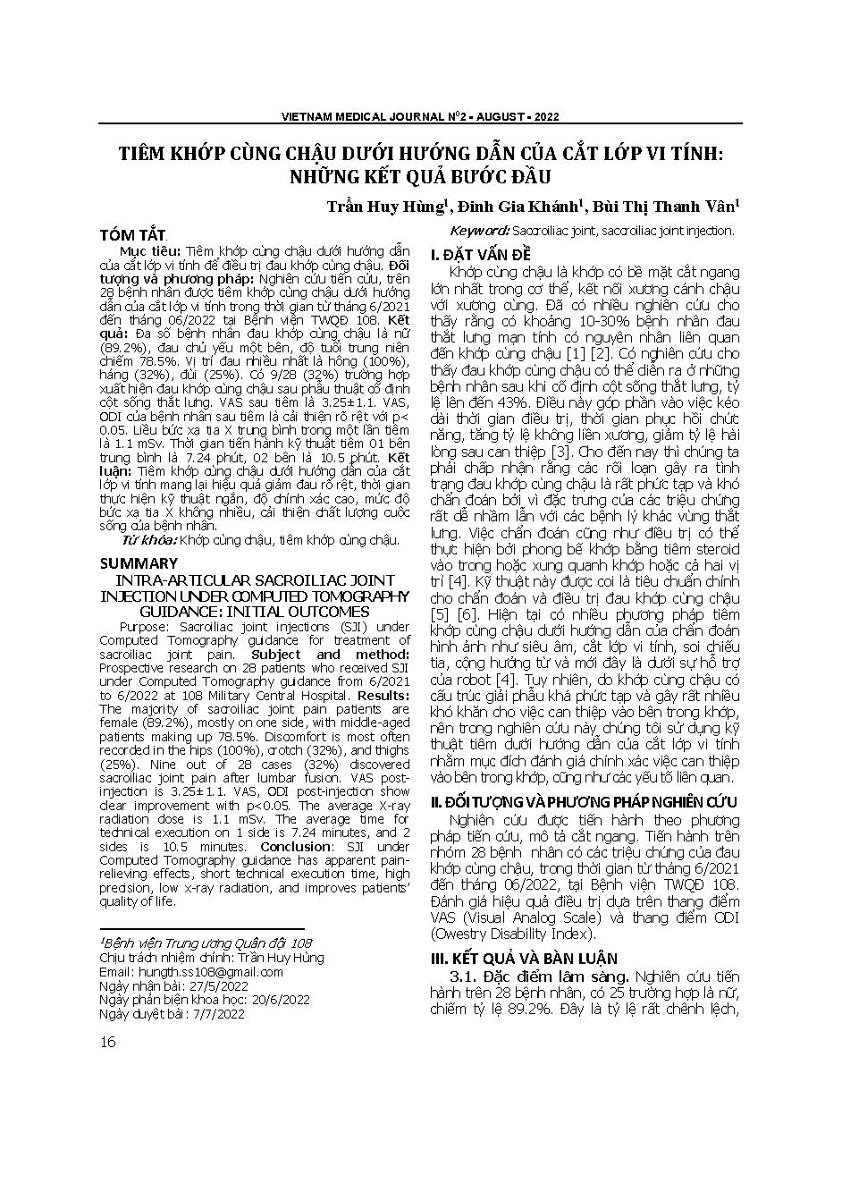 Tiêm khớp cùng chậu dưới hướng dẫn của cắt lớp vi tính: Những kết quả bước đầu = Intra-articular sacroiliac joint injection under computed tomography guidance: Initial outcomes