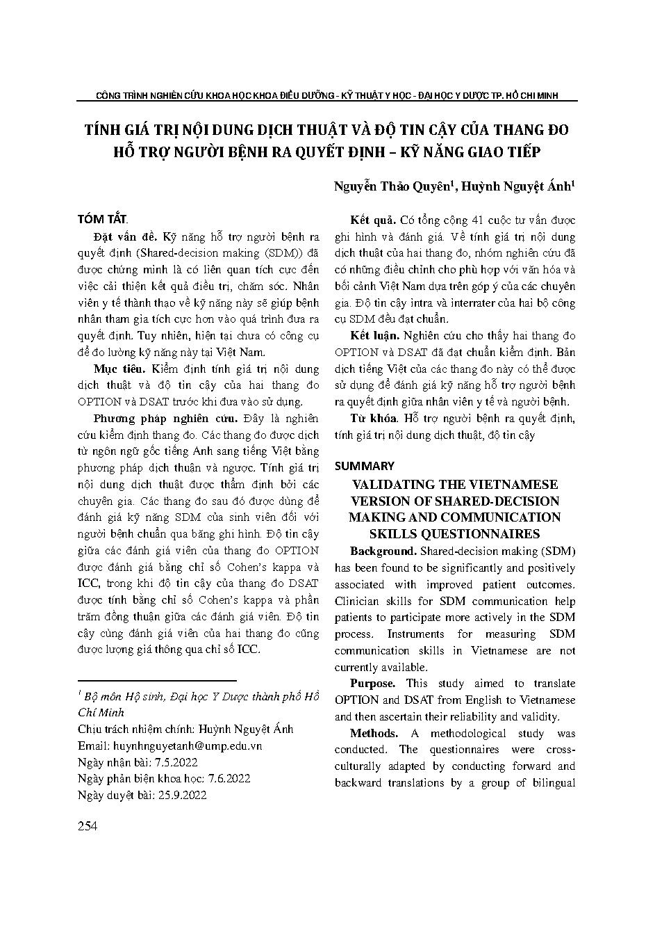 Tính giá trị nội dung dịch thuật và độ tin cậy của thang đo hỗ trợ người bệnh ra quyết định – kỹ năng giao tiếp = Validating the Vietnamese version of shared-decision making and communication skills questionnaires
