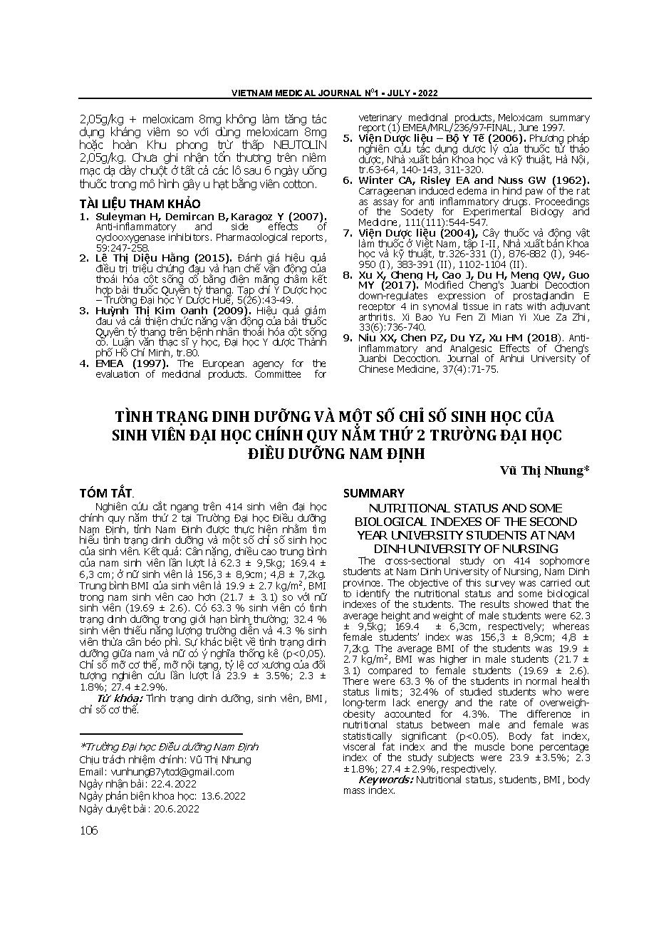 Tình trạng dinh dưỡng và một số chỉ số sinh học của sinh viên đại học chính quy năm thứ 2 trường Đại học Điều dưỡng Nam Định = Nutritional status and some biological indexes of the second year university students at Nam Dinh university of nursing