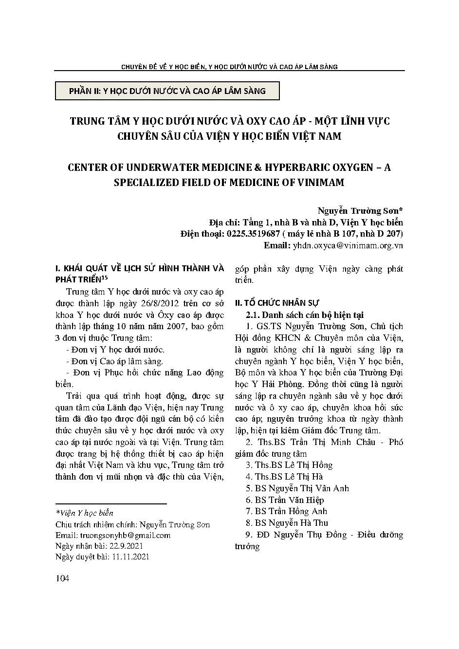 Trung tâm y học dưới nước và oxy cao áp - Một lĩnh vực chuyên sâu của viện y học biển Việt Nam