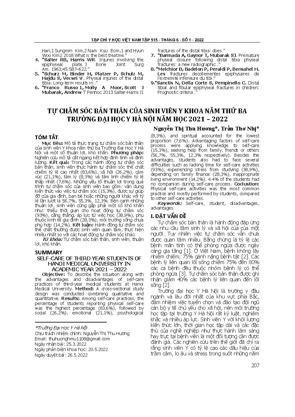 Tự chăm sóc bản thân của sinh viên y khoa năm thứ ba trường Đại học Y Hà Nội năm học 2021 – 2022 = Self-care of third year students of Hanoi medical university in academic year 2021 – 2022
