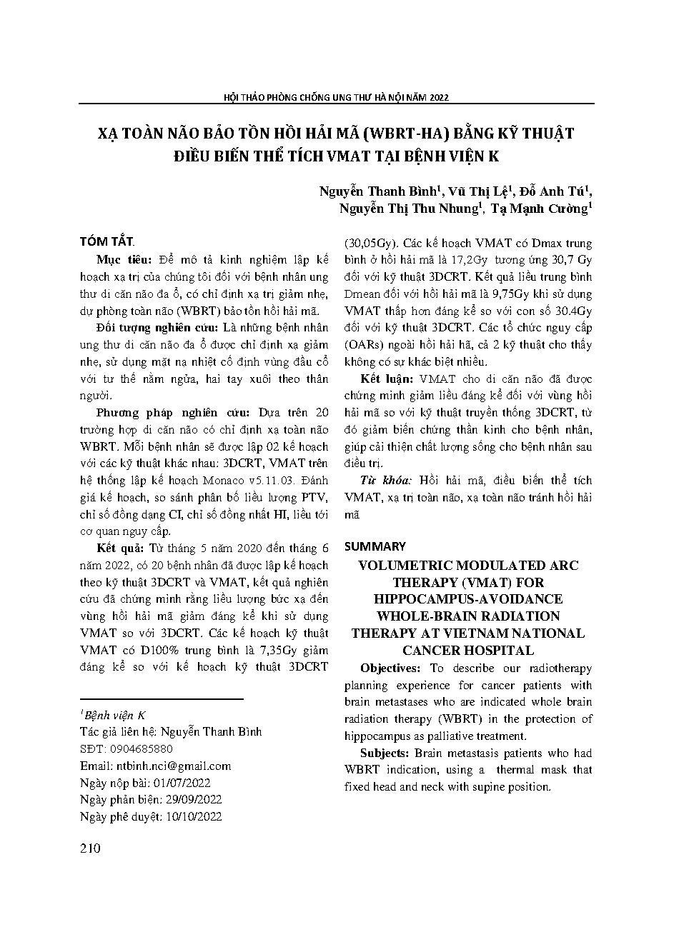 Xạ toàn não bảo tồn hồi hải mã (WBRT-HA) bằng kỹ thuật điều biến thể tích VMAT tại Bệnh viện K = Volumetric modulated arc therapy (VMAT) for hippocampus-avoidance whole-brain radiation therapy at Vietnam National cancer hospital
