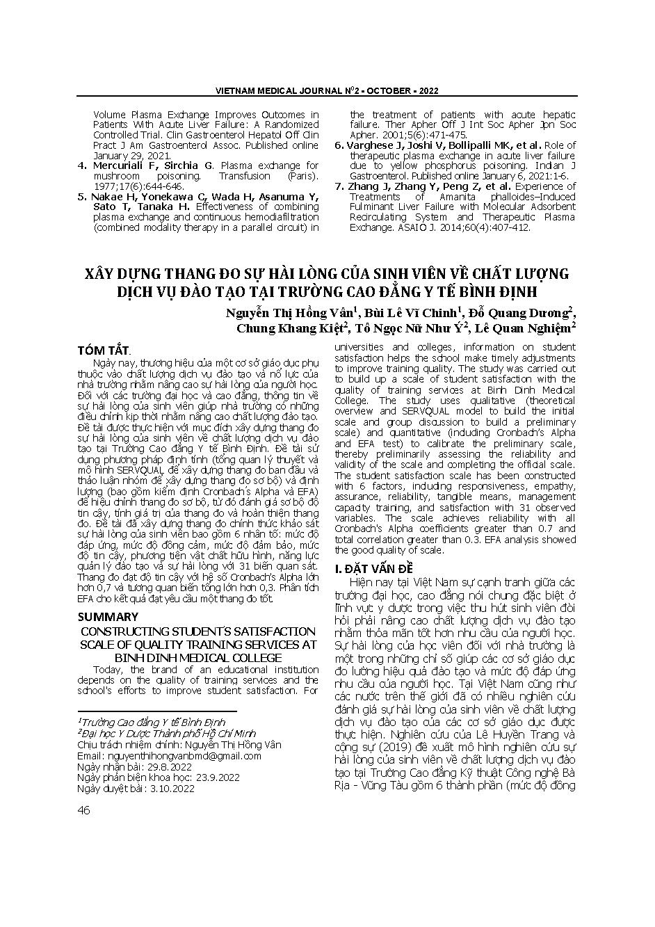 Xây dựng thang đo sự hài lòng của sinh viên về chất lượng dịch vụ đào tạo tại Trường Cao đẳng Y tế Bình Định = Constructing student’s satisfaction scale of quality training services at Binh Dinh medical college