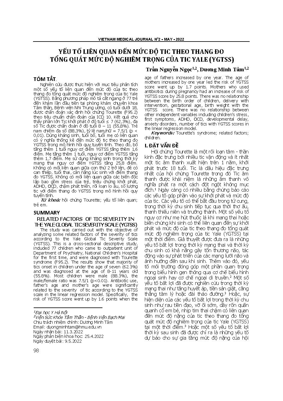 Yếu tố liên quan đến mức độ tic theo thang đo tổng quát mức độ nghiêm trọng của tic Yale (YGTSS) = Related factors of tic severity in the Yale global tic severity scale (YGTSS)
