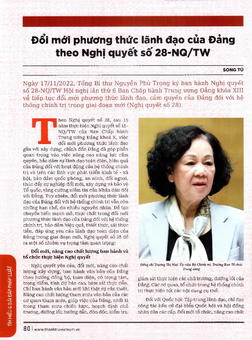 Đổi mới phương thức lãnh đạo của Đảng theo Nghị quyết số 28-NQ/TW