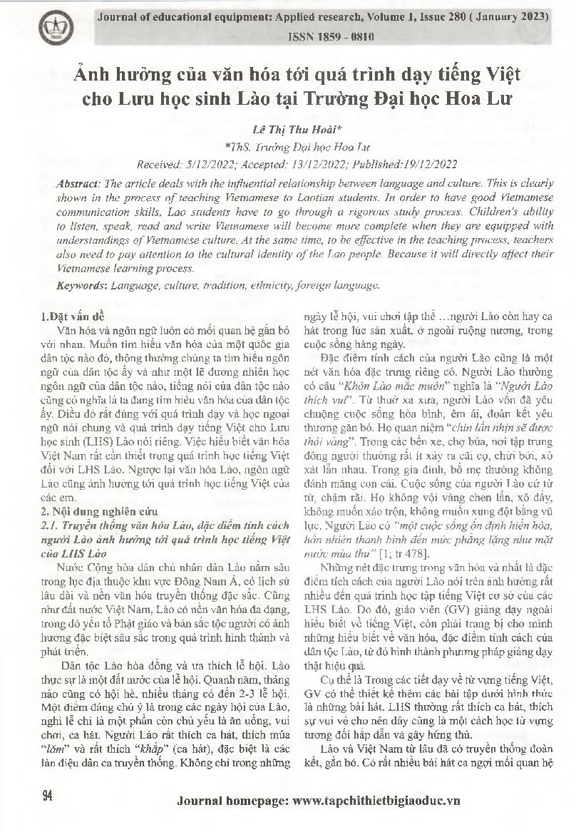 Ảnh hưởng của văn hóa tới quá trình dạy tiếng Việt cho Lưu học sinh Lào tại Trường Đại học Hoa Lư = The influence of culture on teaching Vietnamese to Laotian students at Hoa Lu University