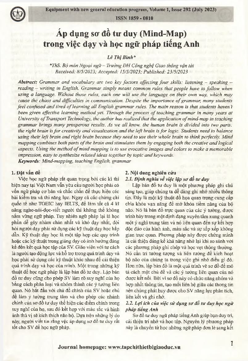 Áp dụng sơ đồ tư duy (Mind-Map) trong việc dạy và học ngữ pháp tiếng Anh = Applying mind map in teaching and learning English grammar.