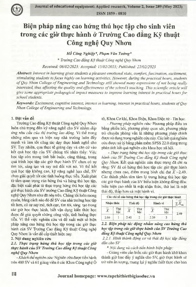Biện pháp nâng cao hứng thú học tập cho sinh viên trong các giờ thực hành ở Trường Cao đẳng Kỹ thuật Công nghệ Quy Nhơn = Measures to motivate students to learn in the practical hours at Quy Nhon College of Engineering and Technology