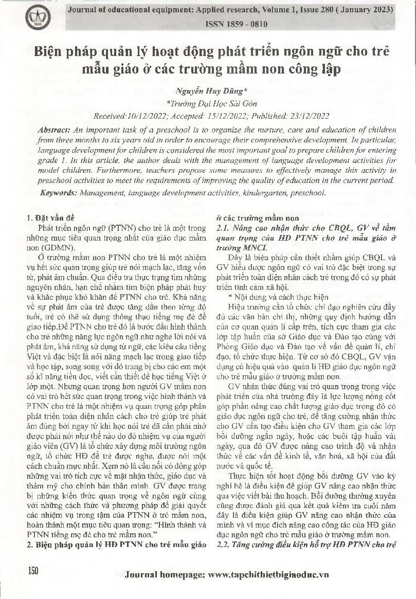 Biện pháp quản lý hoạt động phát triển ngôn ngữ cho trẻ mẫu giáo ở các trường mầm non công lập = Measures to manage language development activities for preschool children in public preschools