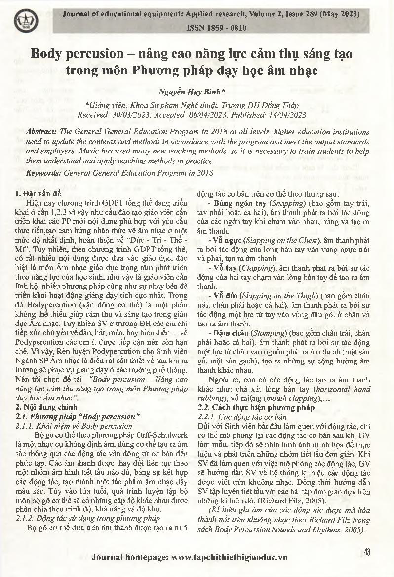 Body percusion - nâng cao năng lực cảm thụ sáng tạo trong môn Phương pháp dạy học âm nhạc = Body percussion - improving Creative perception in music teaching methods