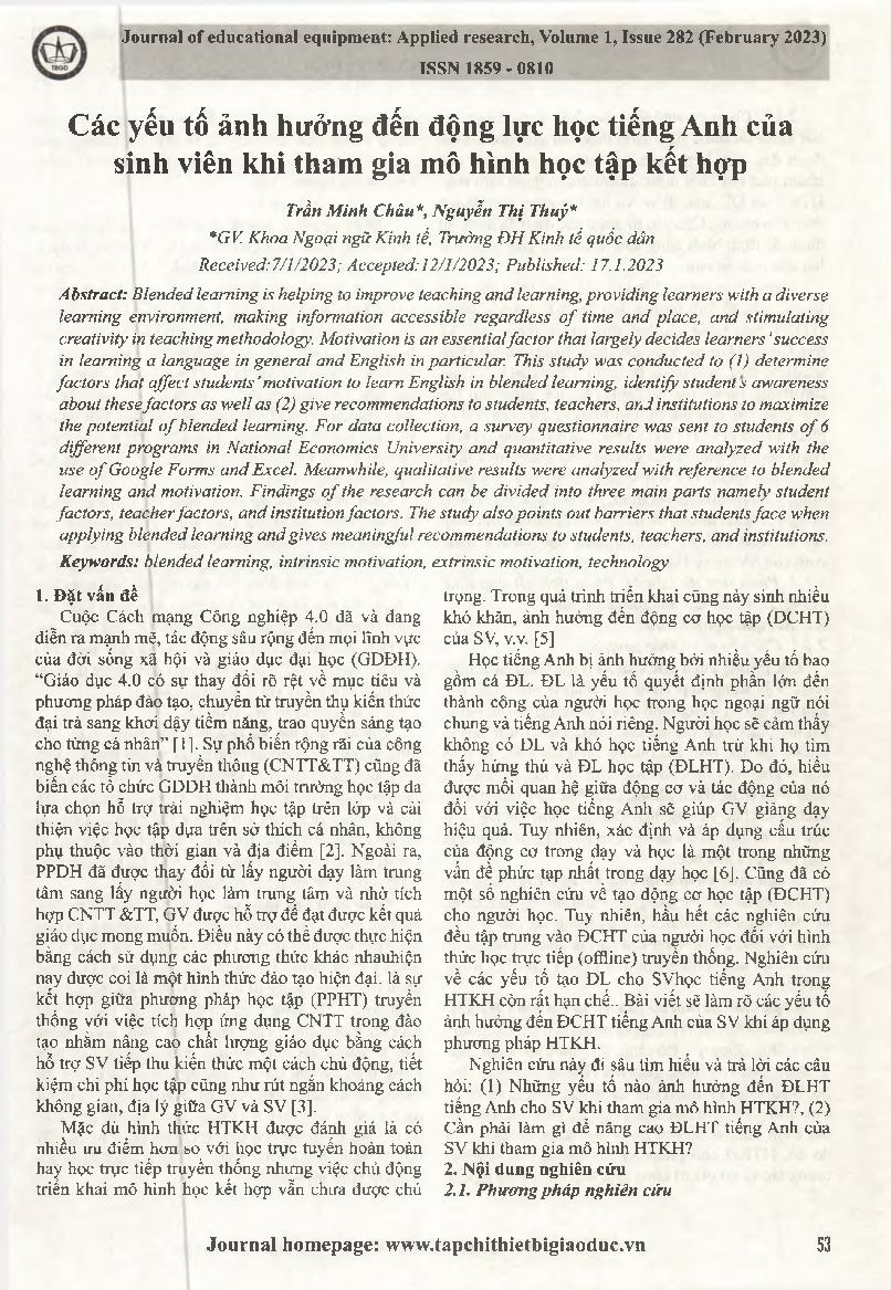 Các yếu tố ảnh hưởng đến động lực học tiếng Anh của sinh viên khi tham gia mô hình học tập kết hợp = Factors affecting students' motivation to learn English when participating in blended learning model.
