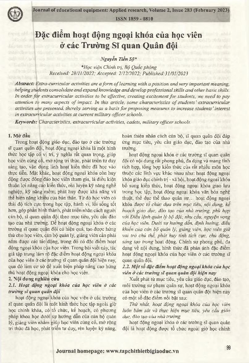 Đặc điểm hoạt động ngoại khóa của học viên ở các Trường Sĩ quan Quân đội = Characteristics of extracurricular activities of students at Military Officer Schools