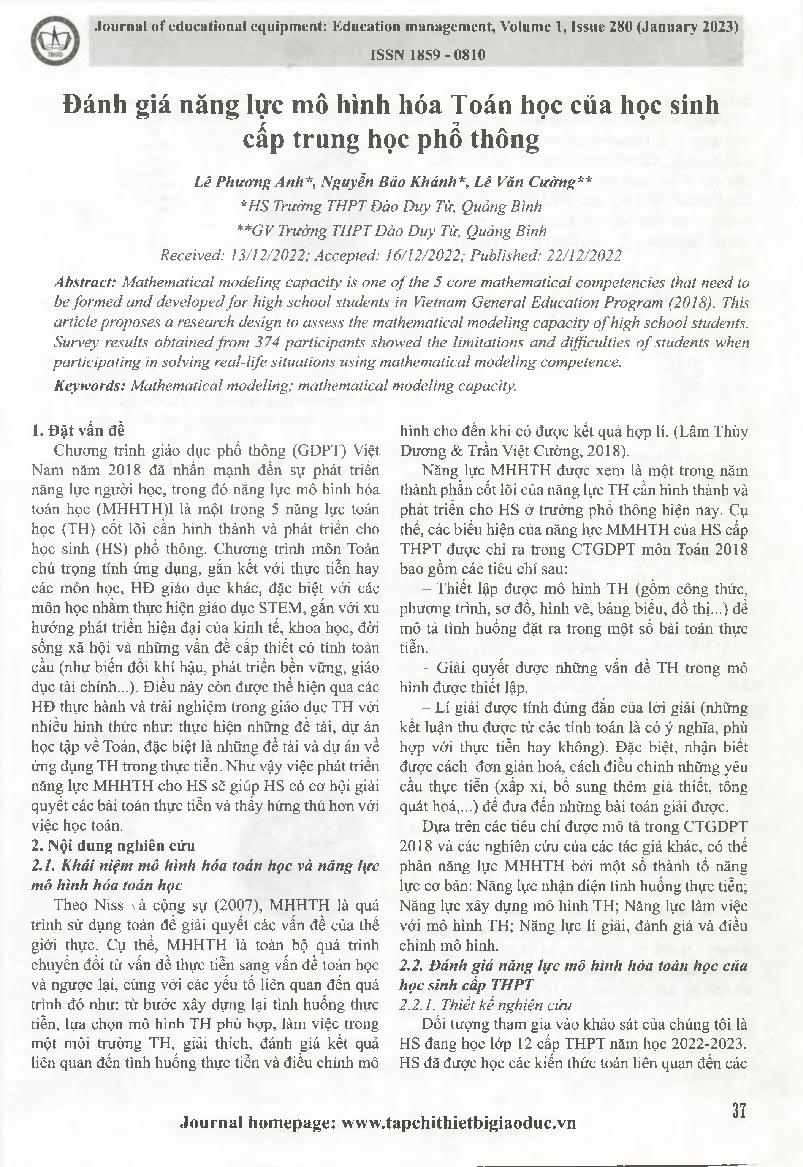 Đánh giá năng lực mô hình hóa Toán học của học sinh cấp trung học phổ thông = Assessment of mathematical modeling competence of high school students.