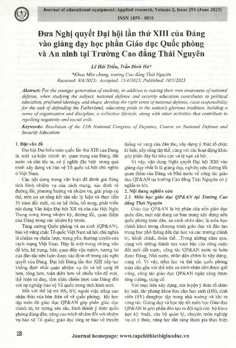 Đưa Nghị quyết Đại hội lần thứ XIII của Đảng vào giảng dạy học phần Giáo dục Quốc phòng và An ninh tại Trường Cao đẳng Thái Nguyên = Putting the Resolution of the 13th National Congress of Deputies into teaching the National Defense and Security Education
