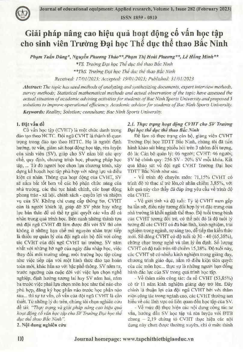 Giải pháp nâng cao hiệu quả hoạt động cô vân học tập cho sinh viên Trường Đại học Thể dục thể thao Bắc Ninh = Solutions to improve the effectiveness of academic counselling activities for students at Bac Ninh University of Physical Education and Sports.