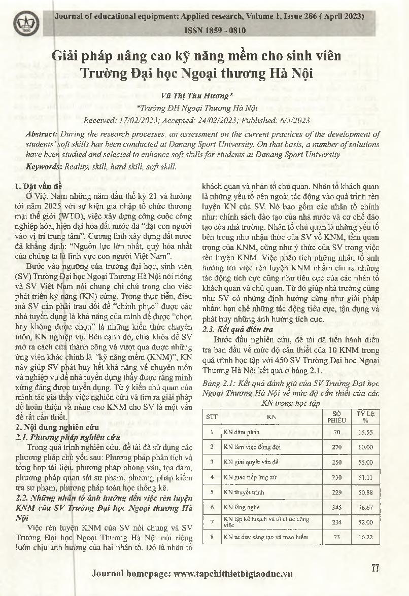 Giải pháp nâng cao kỹ năng mềm cho sinh viên Trường Đại học Ngoại thương Hà Nội = Solutions to improve soft skills for students at Hanoi Foreign Trade University.