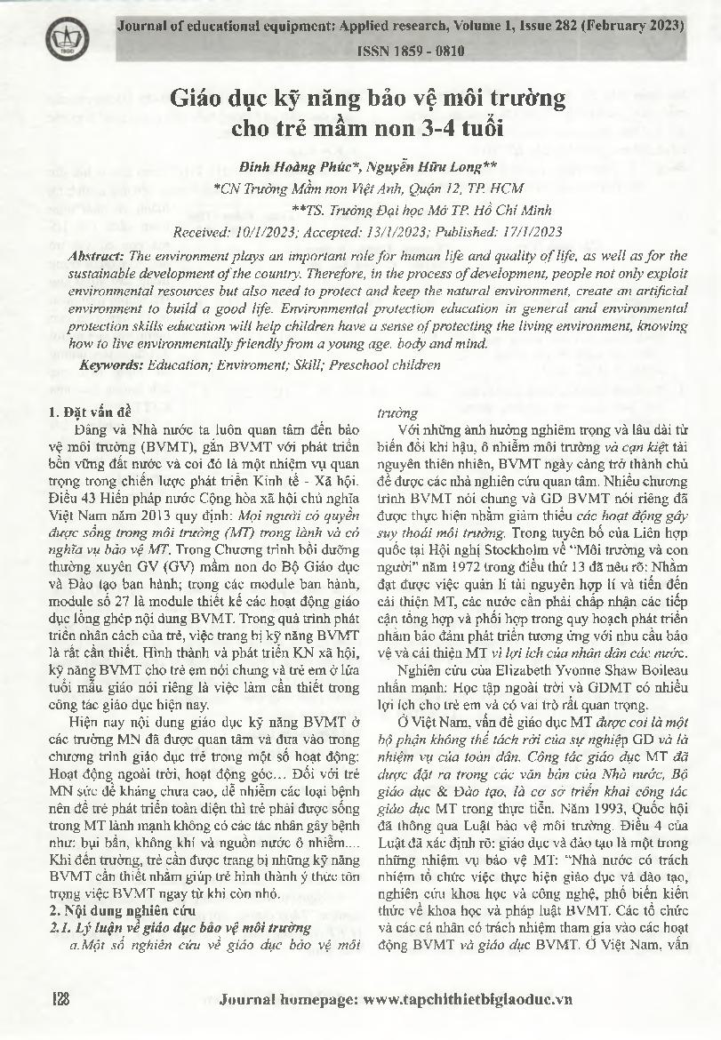 Giáo dục kỹ năng bảo vệ môi trường cho trẻ mầm non 3-4 tuổi = Education environmental protection skills for preschool children aged 3-4