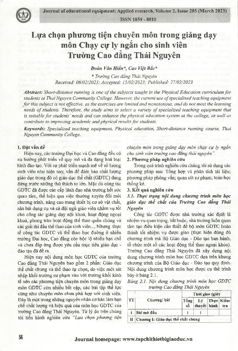Lựa chọn phương tiện chuyên môn trong giảng dạy môn Chạy cự ly ngắn cho sinh viên Trường Cao đẳng Thái Nguyên = Selecting specialized teaching equipment for short-distance running course for students at Thai Nguyen College