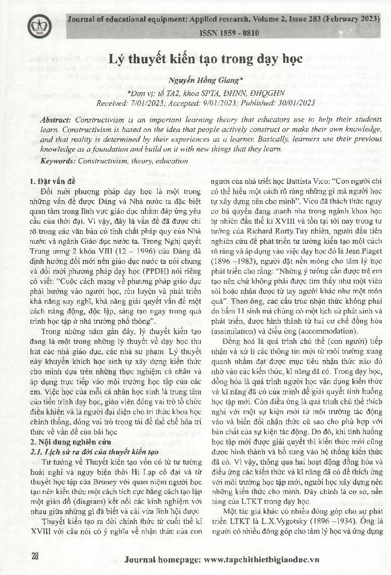 Lý thuyết kiến tạo trong dạy học = Applying Constructivism in teaching