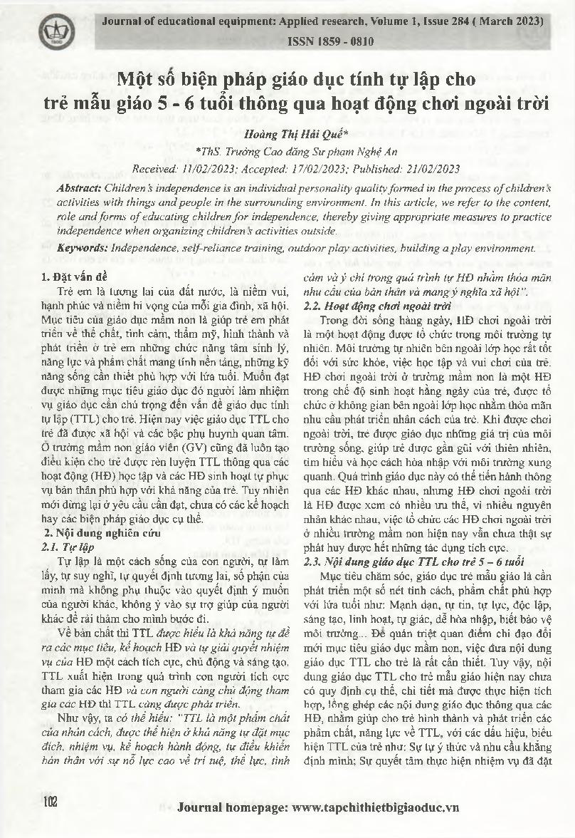 Một số biện pháp giáo dục tính tự lập cho trẻ mẫu giáo 5-6 tuổi thông qua hoạt động chơi ngoài trời = Some measures to educate independence for 5-6 year old preschool children through outdoor play activities