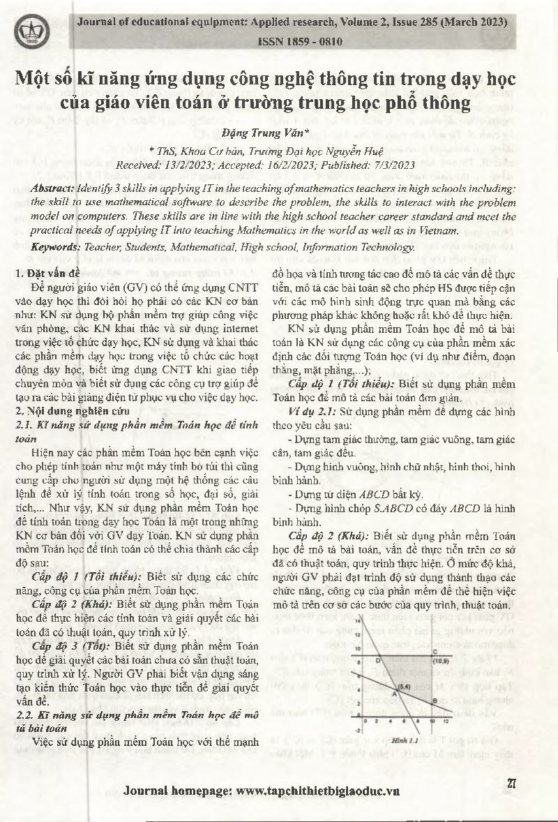 Một số kĩ năng ứng dụng công nghệ thông tin trong dạy học của giáo viên toán ở trường trung học phổ thông = Some skills of applying information technology in teaching of mathematics teachers at high schools