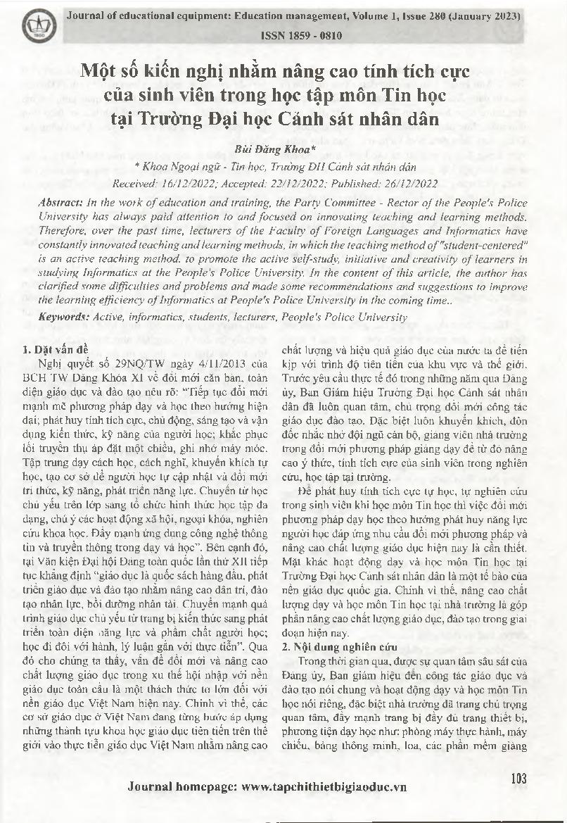 Một số kiến nghị nhằm nâng cao tính tích cực của sinh viên trong học tập môn Tin học tại Trường Đại học Cảnh sát nhân dân = Some recommendations to improve students' activeness in studying Informatics at People's Police University