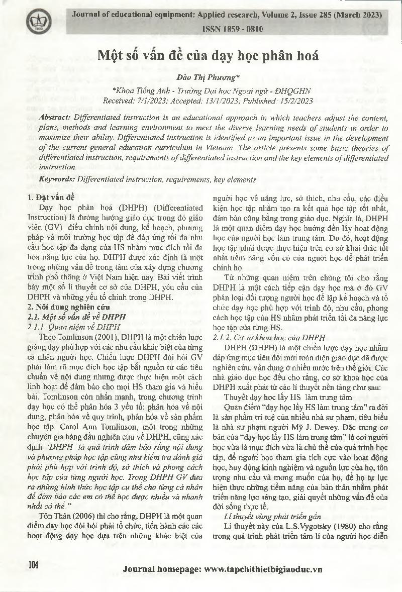 Một số vấn đề của dạy học phân hoá = Some issues of differentiated teaching