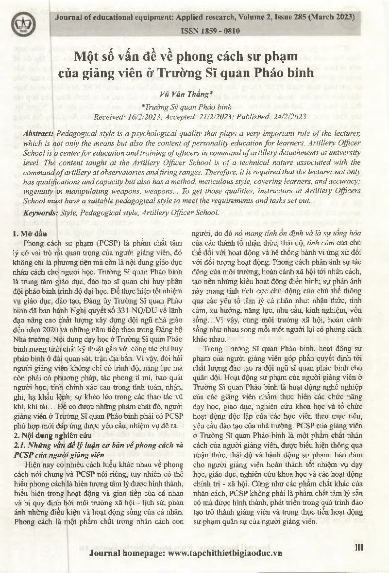 Một số vấn đề về phong cách sư phạm của giảng viên ở Trường Sĩ quan Pháo binh = Some problems about the pedagogical style of lecturers at the Artillery Officer School