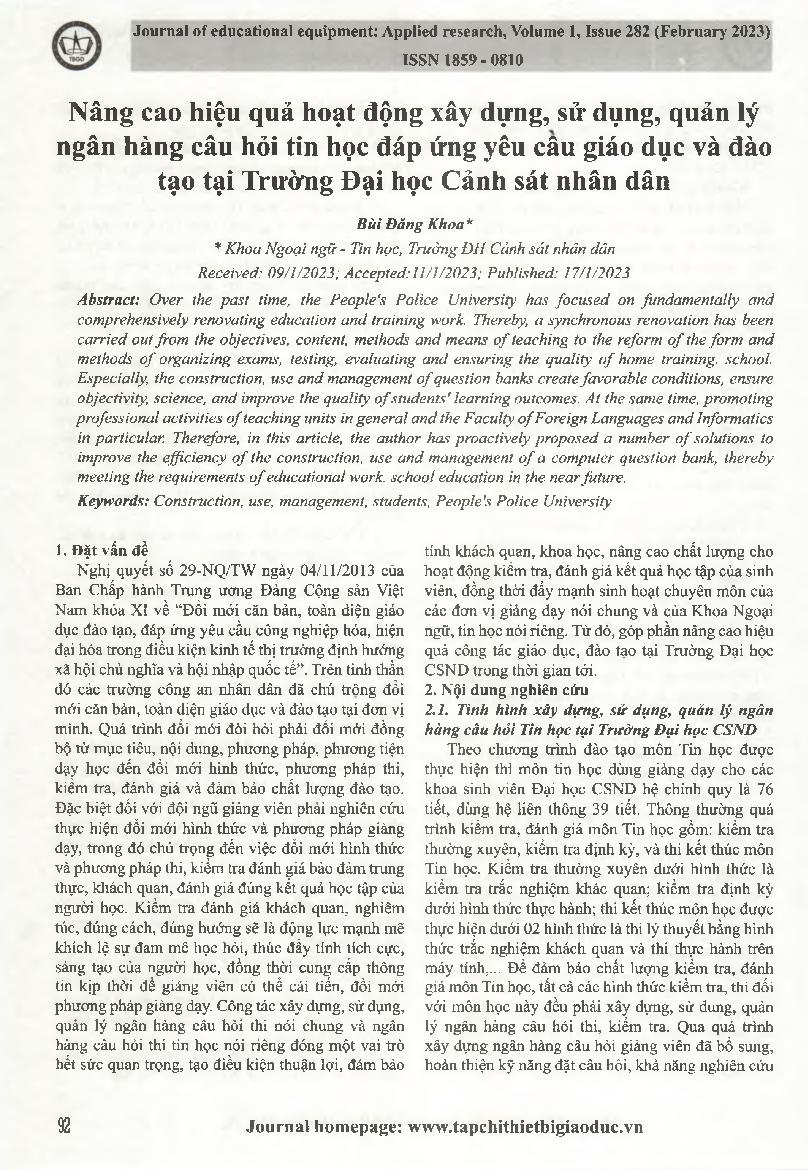 Nâng cao hiệu quả hoạt động xây dựng, sử dụng, quản lý ngân hàng câu hỏi tin học đáp ứng yêu cầu giáo dục và đào tạo tại Trường Đại học Cảnh sát nhân dân = Improving the efficiency of construction, use and management of question banks in Informatics to me