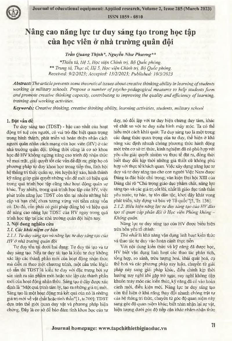 Nâng cao năng lực tư duy sáng tạo trong học tập của học viên ở nhà trường quân đội = Improving students ' creative thinking in learning at military schools