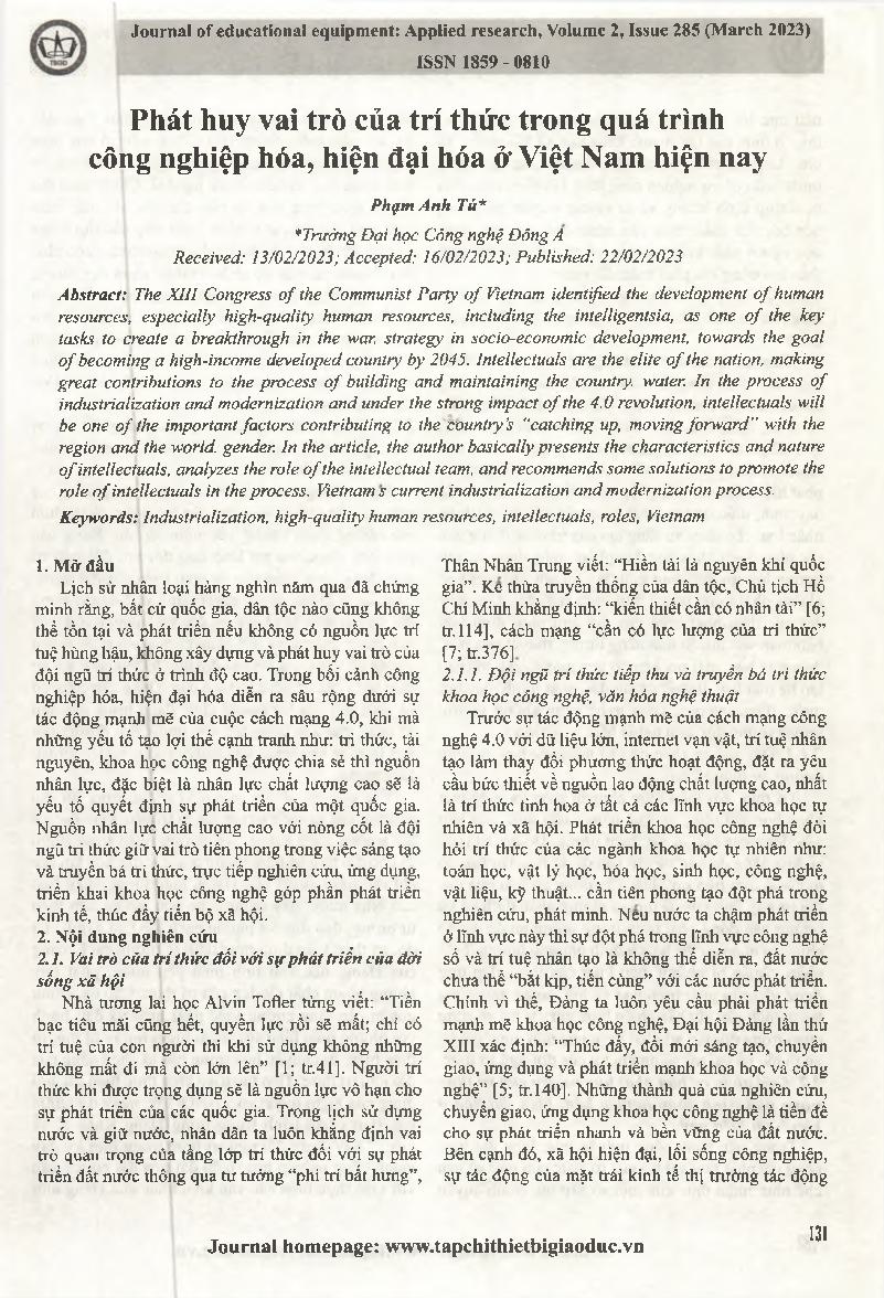 Phát huy vai trò của trí thức trong quá trình công nghiệp hóa, hiện đại hóa ở Việt Nam hiện nay = Promoting the role of intellectuals in the process of industrialization and modernization in Vietnam today