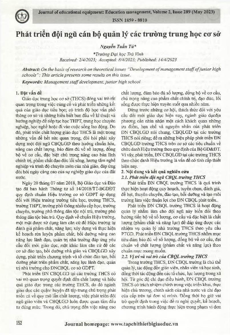 Phát triển đội ngũ cán bộ quản lý các trường trung học cơ sở = Developing the management staff in secondary schools